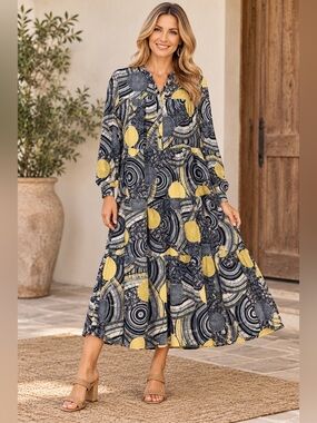 Beulah NWT Abstract Mandala Print Tiered Maxi Dress